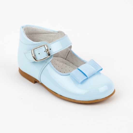 103-L Nens Pale Blue Patent High Back Mary Janes with Ribbon Bow