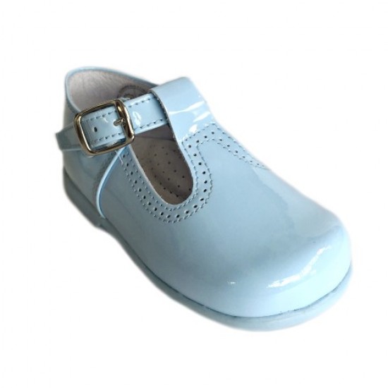 184-E Nens Pale Blue Patent T-Bar Shoe